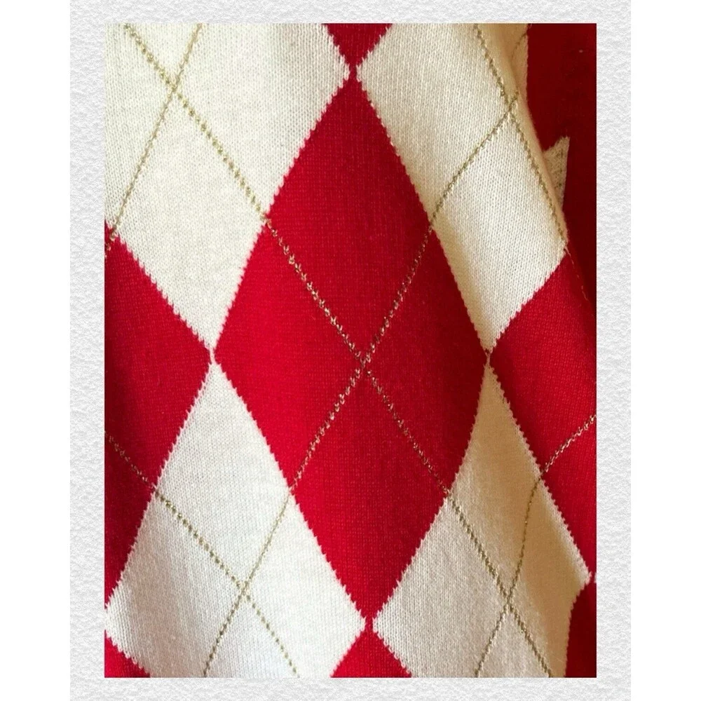 “Tommy Hilfiger” Sweater Women's Sz L Argyle Holiday Sweater Red White Metallic